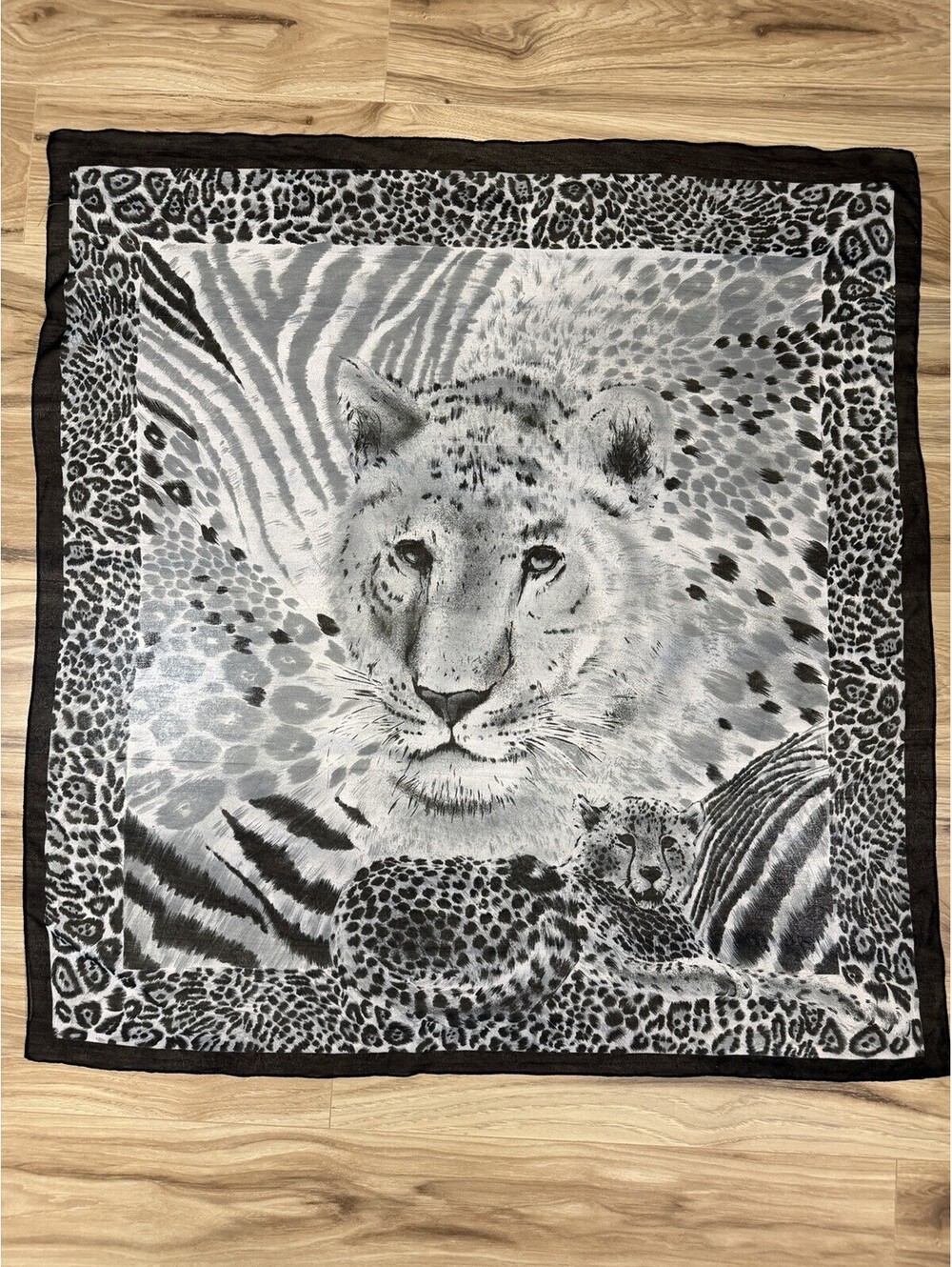 Into Africa Silk Safari Scarf Leopard Cheetah Black White Grayscale 33x33